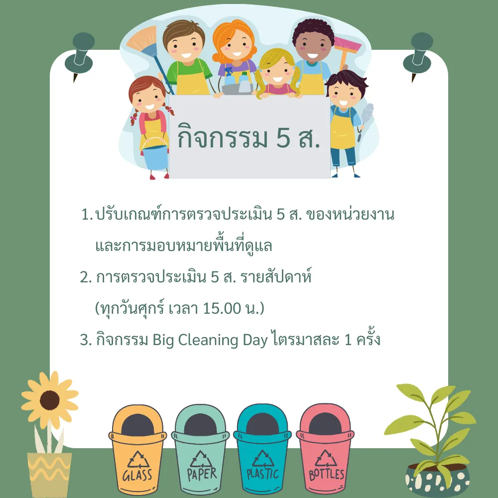 โปสเตอร์กิจกรรม 5 ส.: (1) ปรับเกณฑ์การตรวจประเมิน 5 ส. ของหน่วยงาน และการมอบหมายพื้นที่ดูแล (2) การตรวจประเมิน 5 ส. รายสัปดาห์ ทุกวันศุกร์ เวลา 15.00 น. (3) กิจกรรม Big Cleaning Day ไตรมาสละ 1 ครั้ง