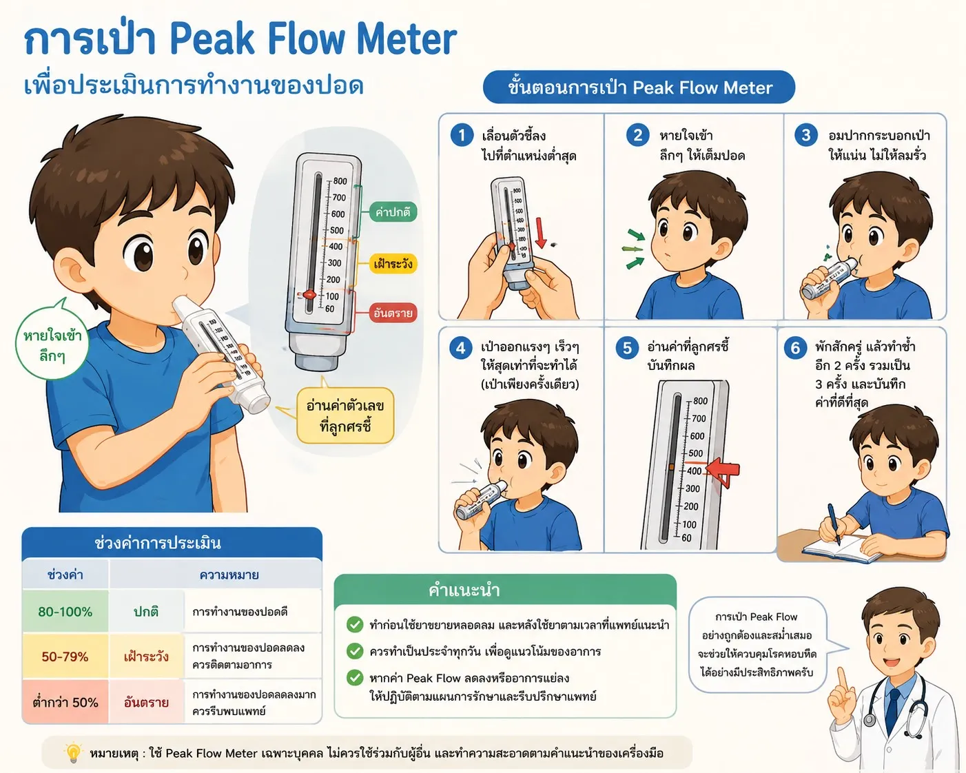 อินโฟกราฟิกการใช้ Peak Flow Meter ขั้นตอนและช่วงค่า